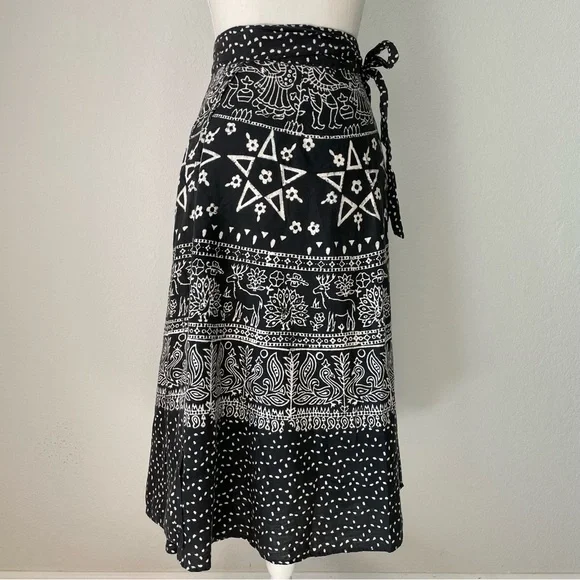 VINTAGE WOVEN COTTON PRINTED WRAP SKIRT PENTAGRAM PEACOCK PAISLEY DEER FLORAL - Picture 4 of 13